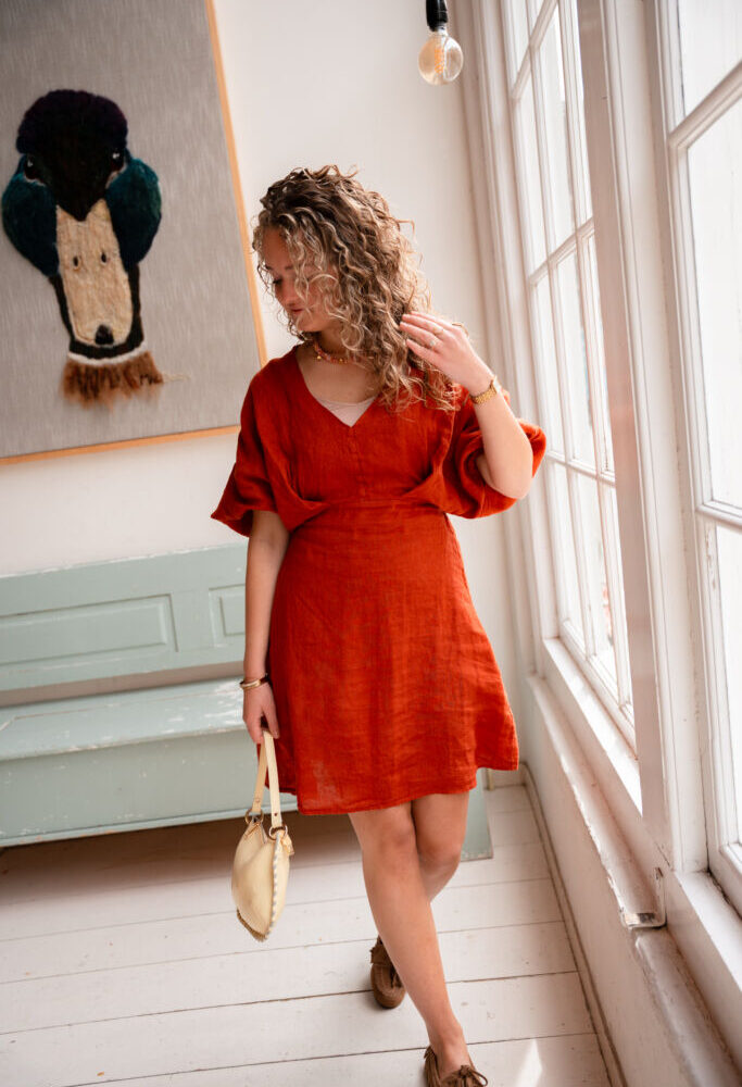 leen dress linnen rust